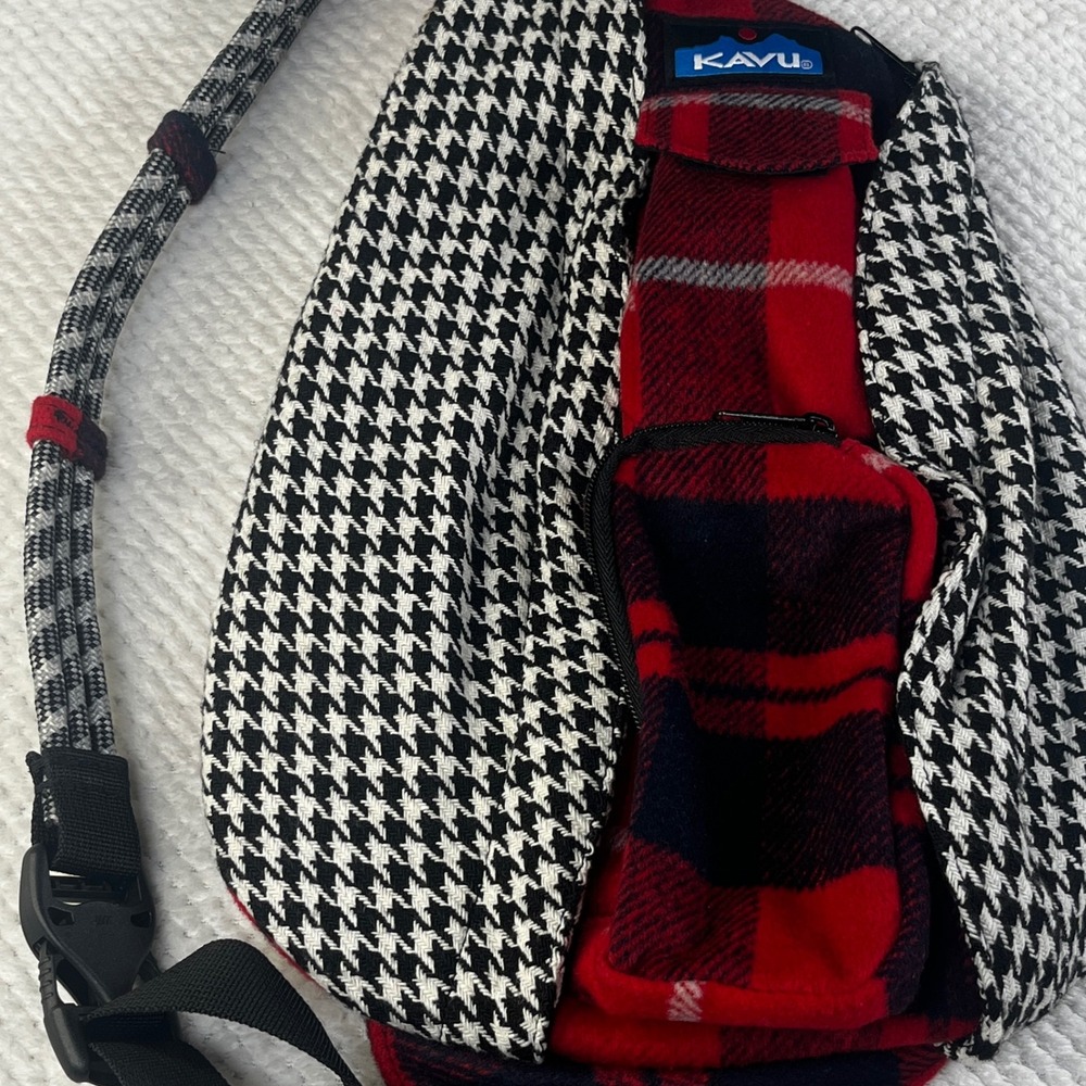 KAVU Rope‎ Bag Sling Backpack Houndstooth Red Plaid Fleece Mixed Pattern Bag